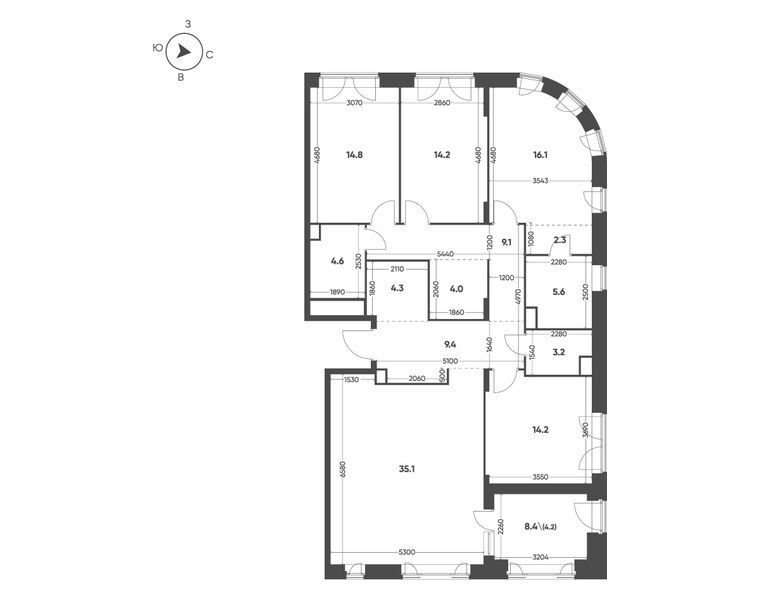 Планировка: 4-комнатная квартира 141,1 м² в ЖК «Мариин Парк», секция 1.1, 16-й этаж