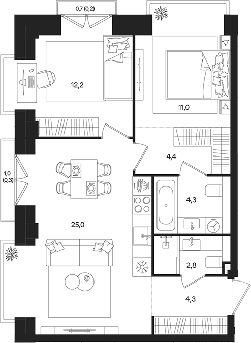 3‑комн квартира ~66 м²