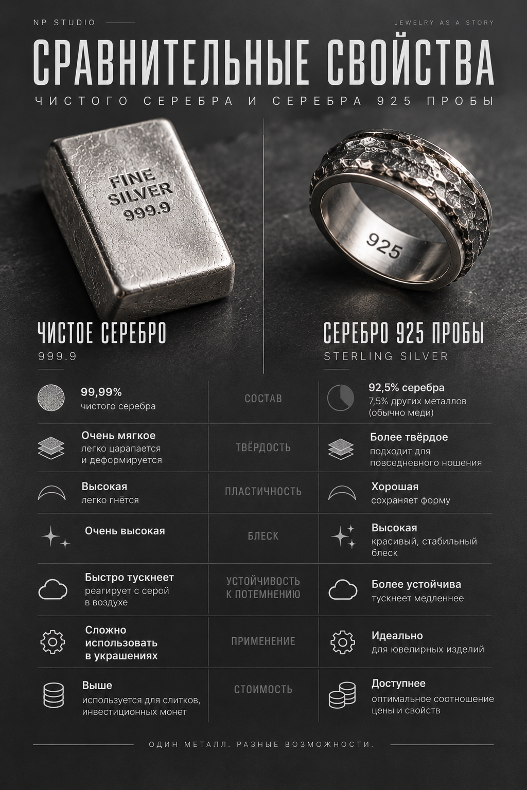 Сравнительная инфографика свойств серебра 925 и 999