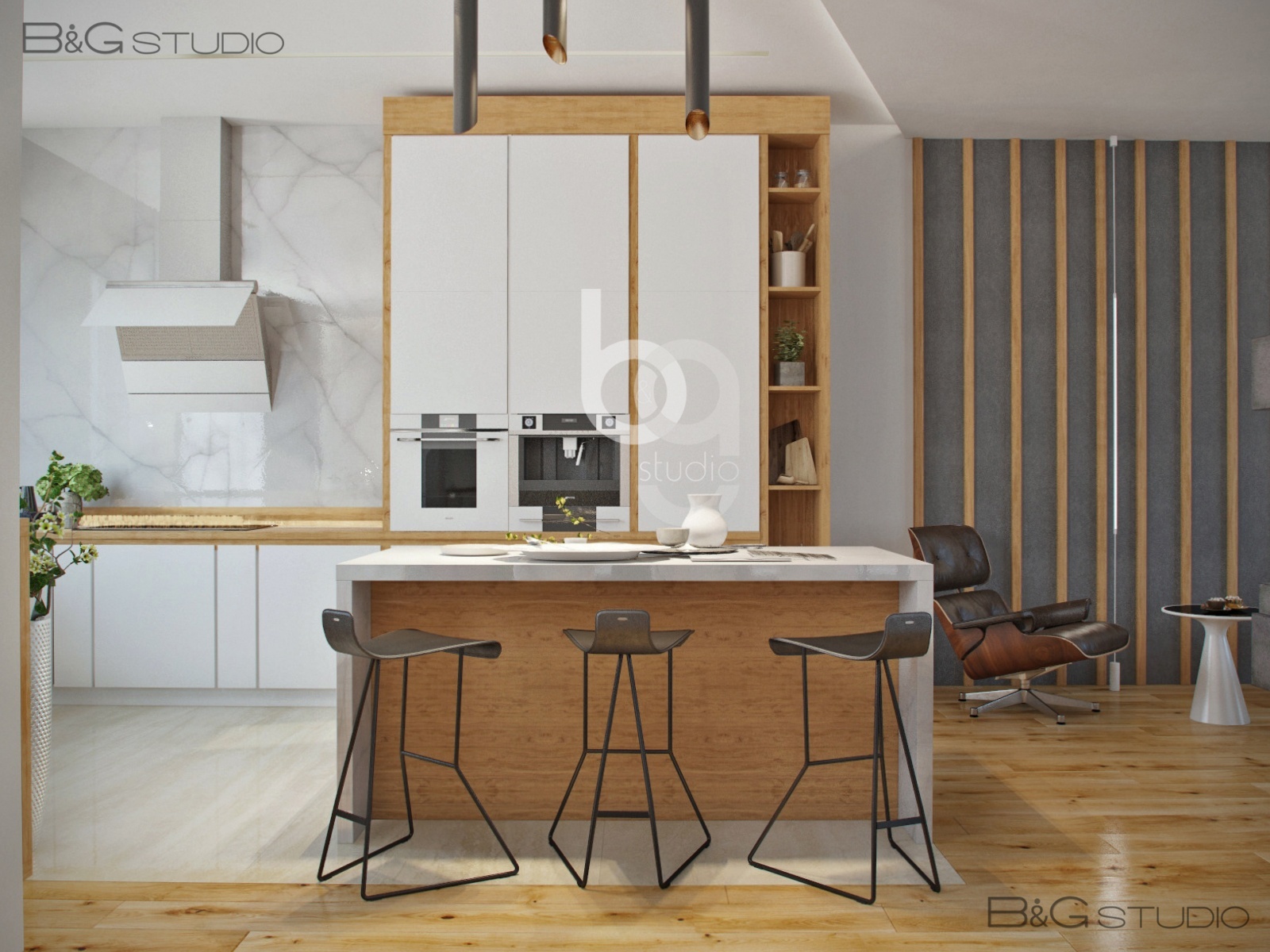 Кухня-гостиная · 2 этаж: остров и светлые фасады кухни. Дом 340 м² в Патрушева
