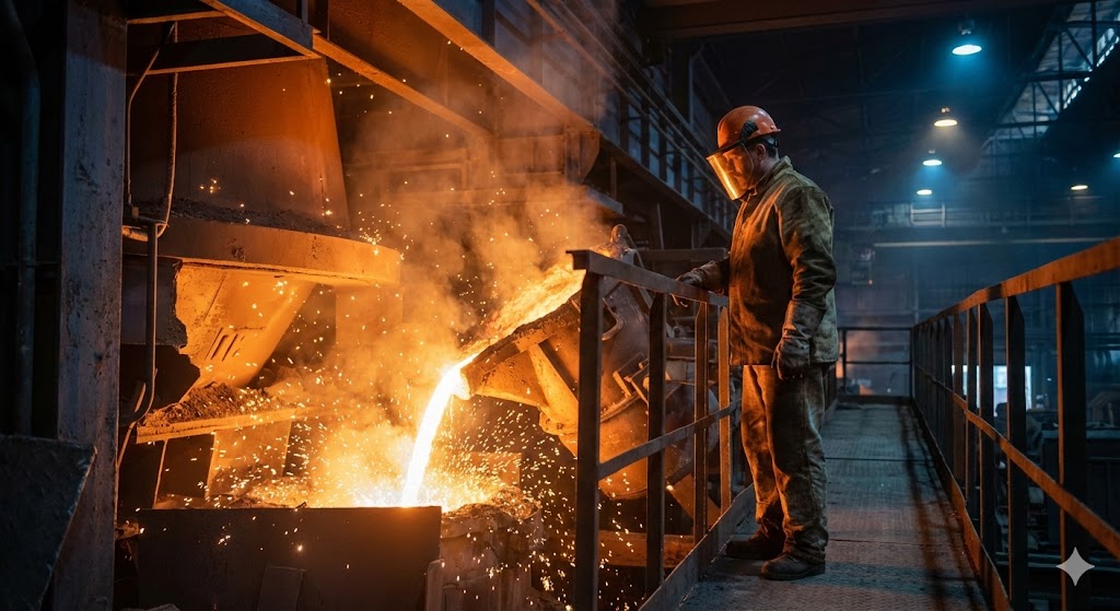 Сталевар в защитном костюме на фоне доменной печи и расплавленного металла
