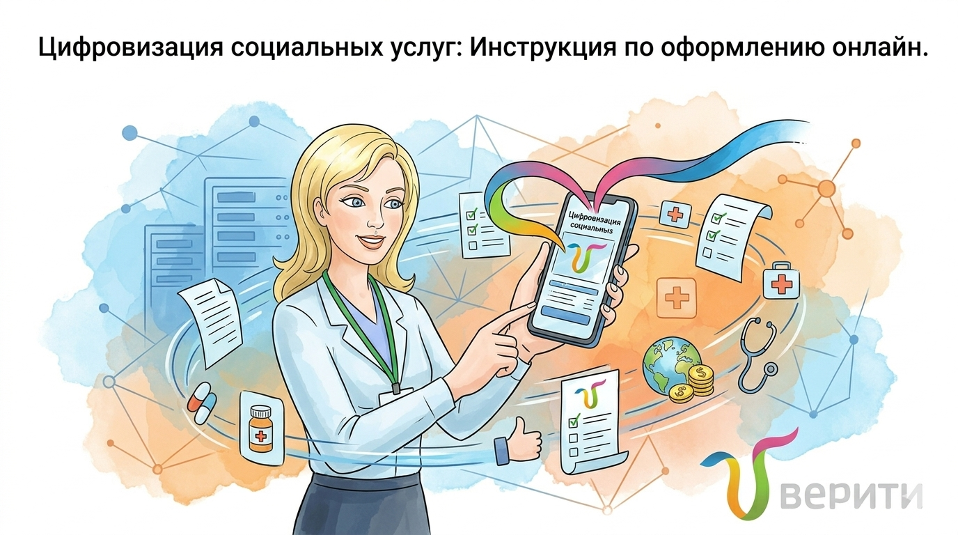 Человек оформляет социальные услуги онлайн через смартфон ВЕРИТИ