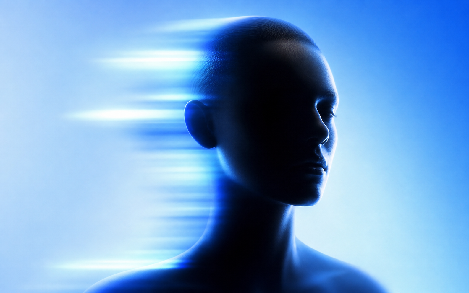 RMS Platform brand concept: a figure moving through electric-blue light