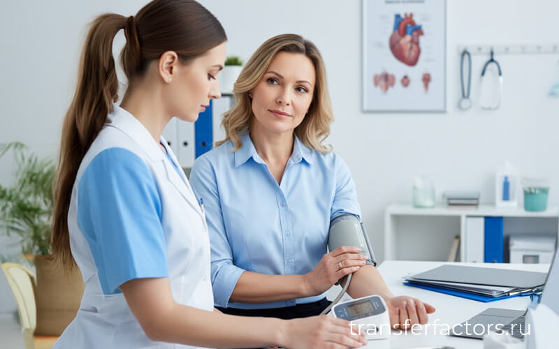 Измерение артериального давления у женщины на приёме; 4Life Transfer Factor Cardio для поддержки сосудов