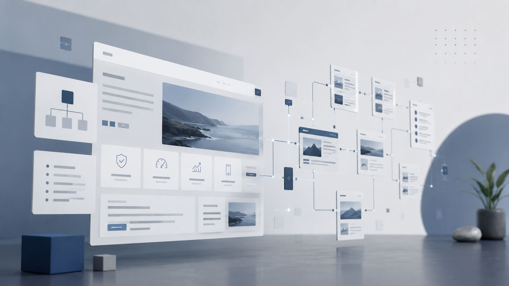 Abstract Google Ads ready website concept showing paid traffic flowing into a clear landing page structure