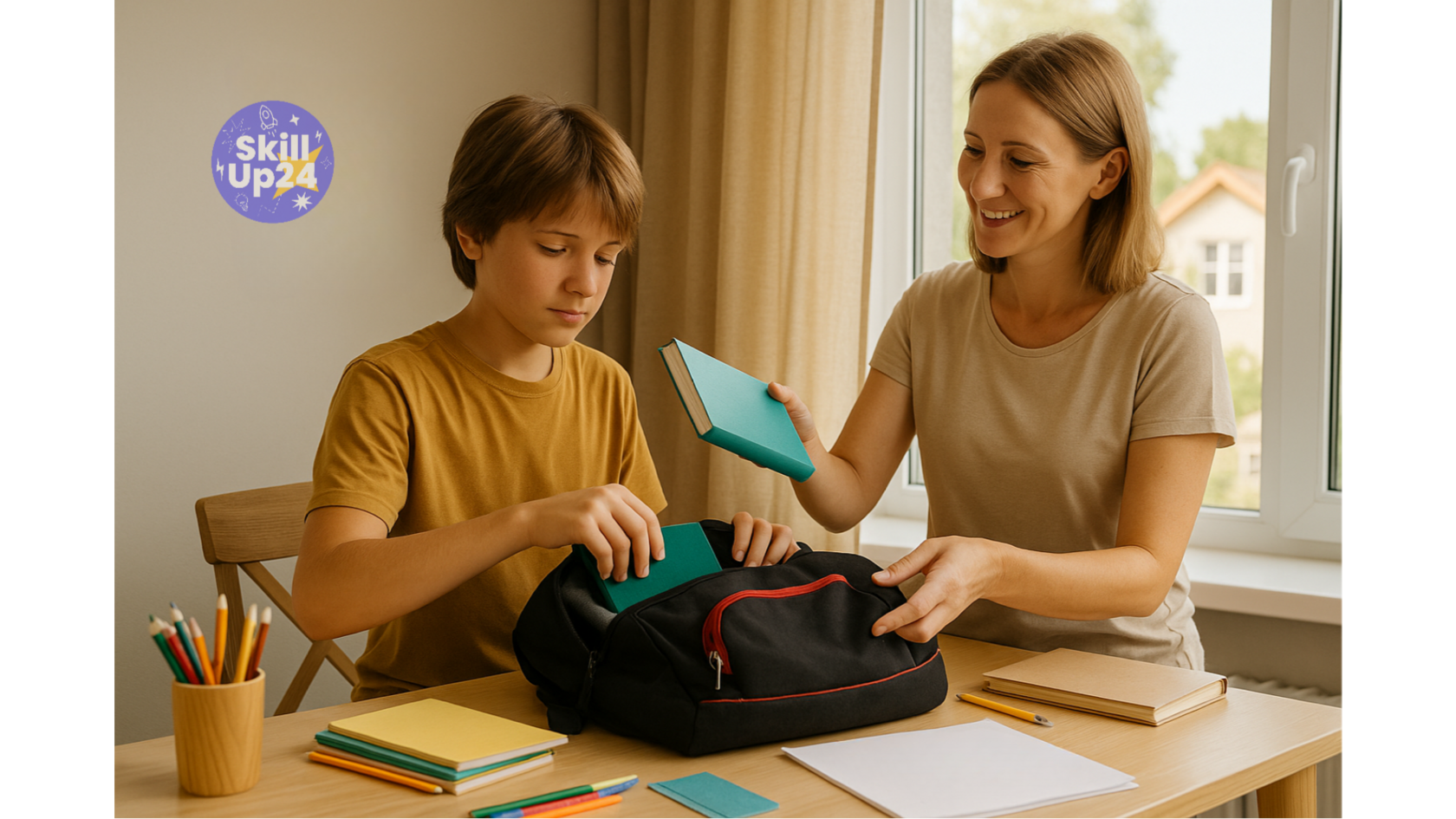 Ребёнок 12–13 лет собирает рюкзак к школе, родитель помогает и улыбается, тёплая домашняя атмосфера конца лета, подготовка к новому учебному году в онлайн-школе SkillUp24