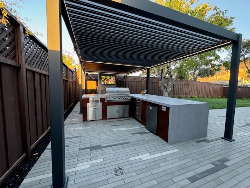 motorized louvered pergola with screens in California
