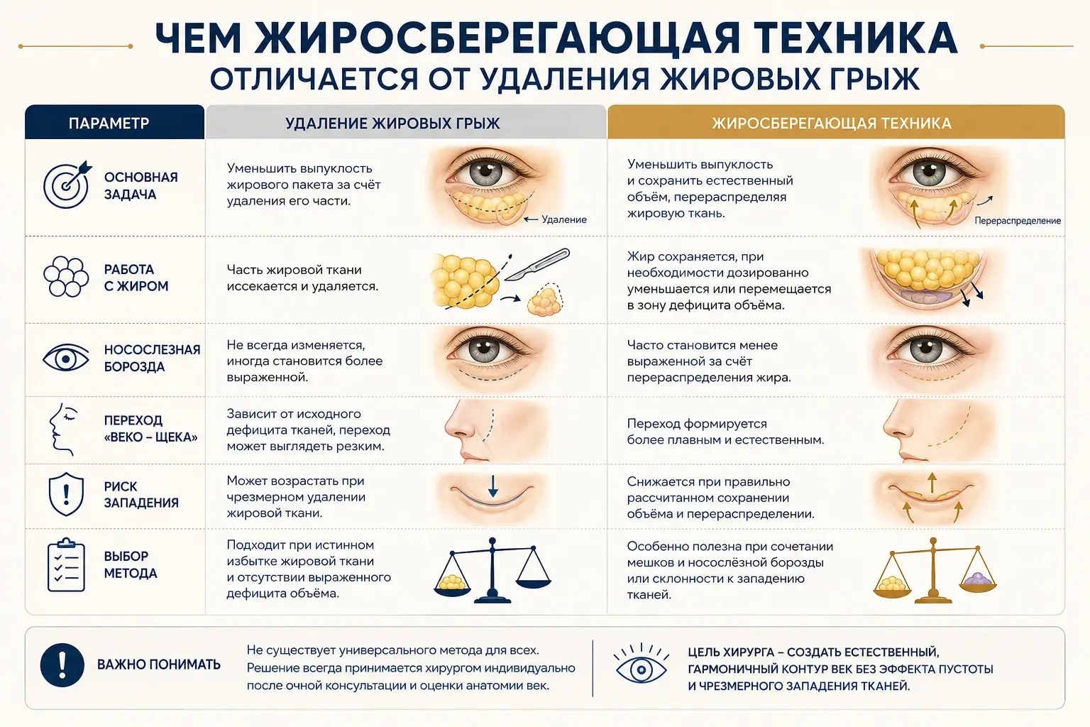 Чем жиросберегающая блефаропластика отличается от удаления жировых грыж нижних век