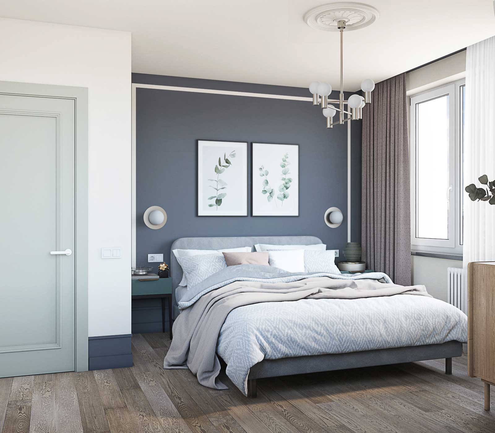 Современная спальня, белые, серые стены. Темно-коричневый пол. Кровать с низким изголовьем. Шторы в спальне.