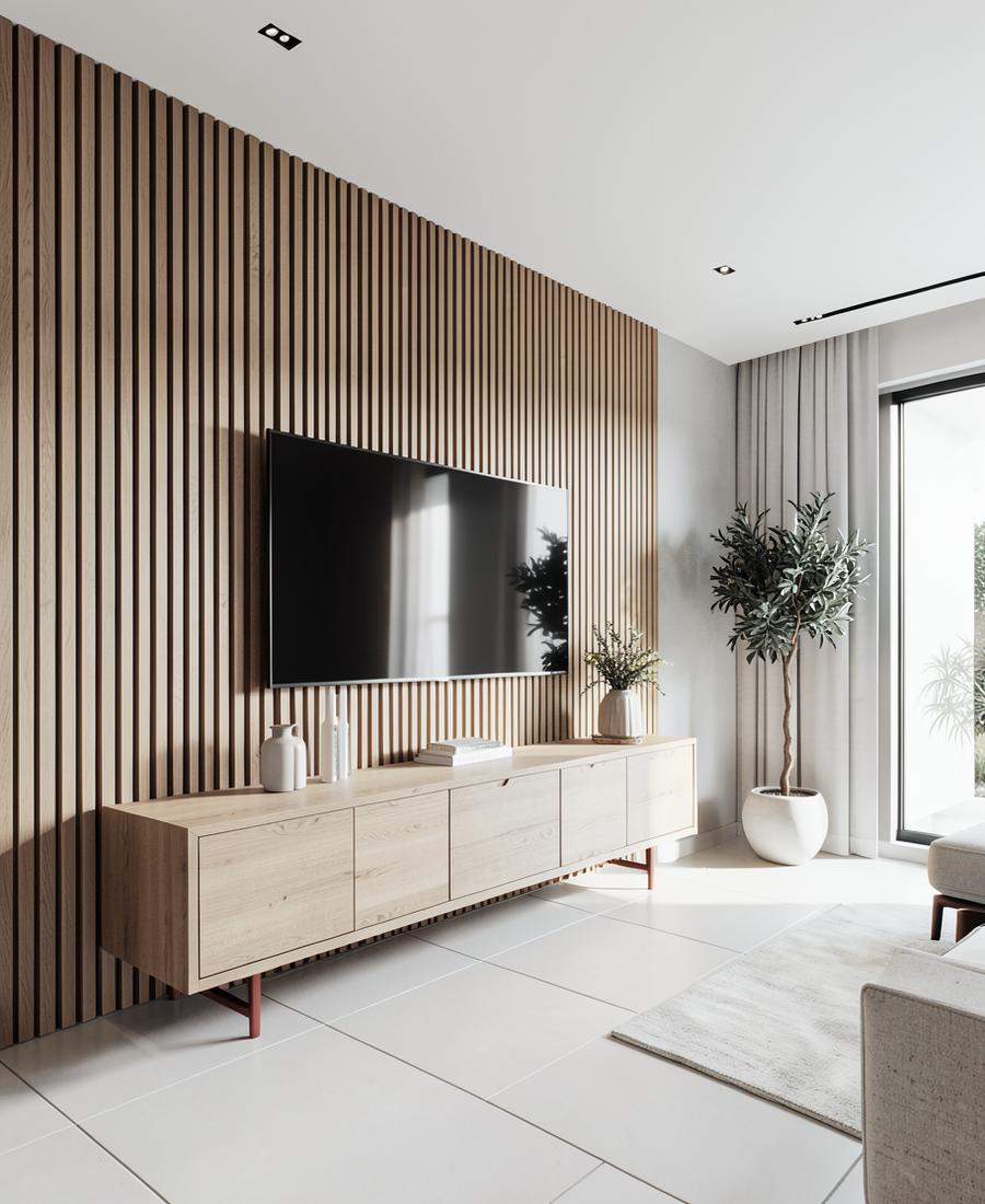 Salón con pared de listones de madera verticales y televisión de pared