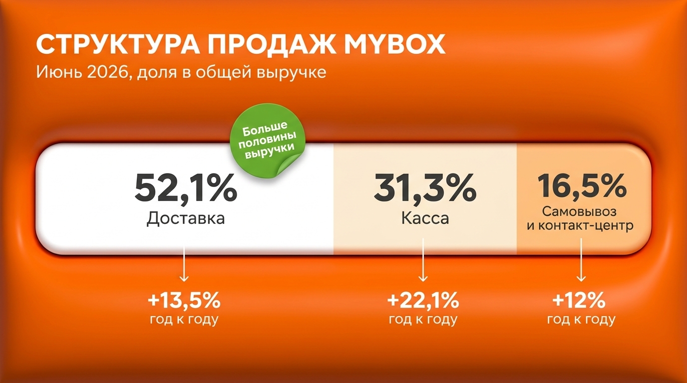 Каналы продаж франшизы MYBOX: доля доставки, кассы и самовывоза в выручке за июнь 2026