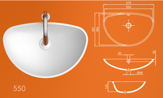 Раковина 550 из акрилового камня, размеры: ширина 550 мм, глубина 391 мм, высота борта 120 мм. Закруглённая форма, схема параметров и монтажа.