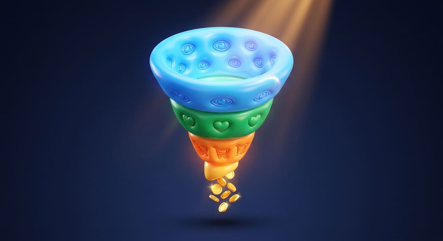 3D-рендер воронки продаж в виде объёмной перевёрнутой пирамиды с мягкими