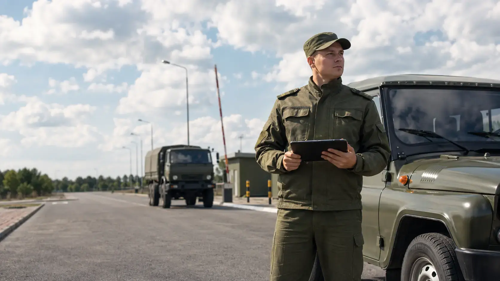 Сотрудник военной автомобильной инспекции рядом с военным транспортом