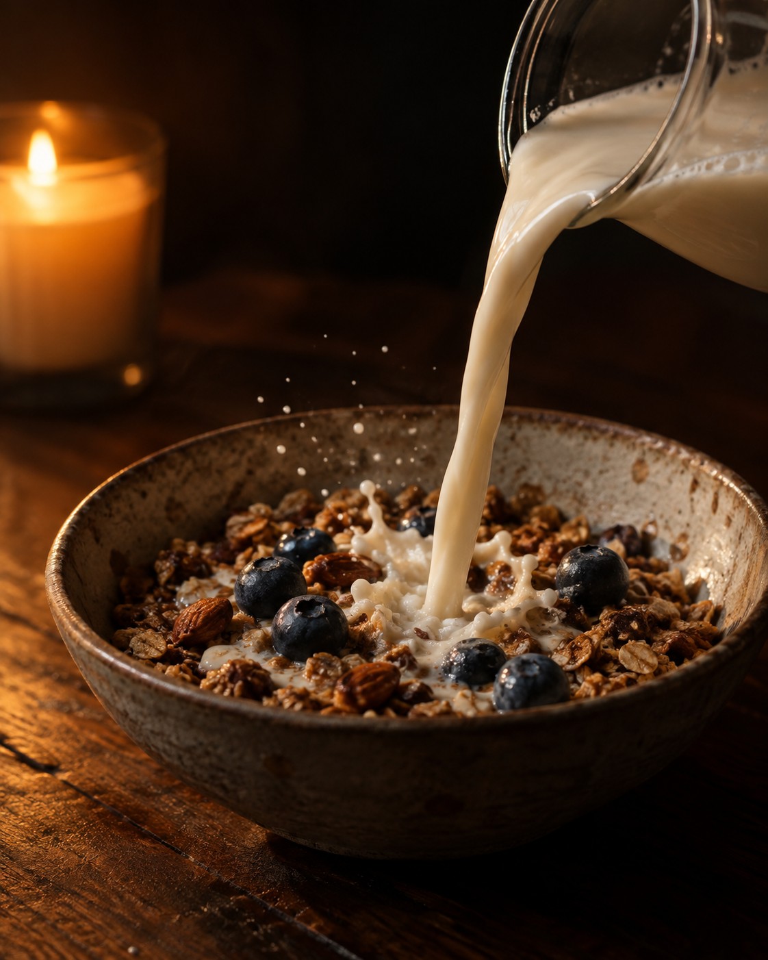 Cold homemade oat milk poured over a bowl of granola with blueberries, close up