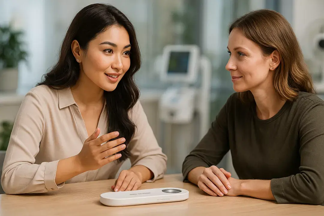 Девушка презентует прибор WebWellness БРТ Life Expert