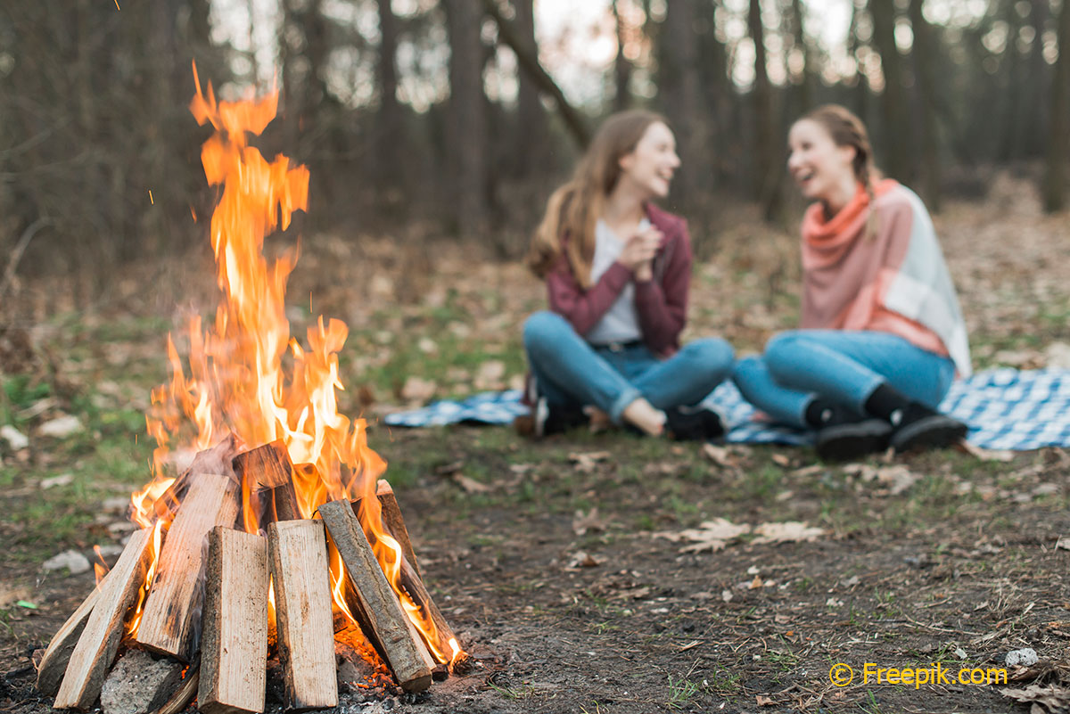 На поляне в лесу горит костер, за ним две смеющиеся девушки сидят на земле