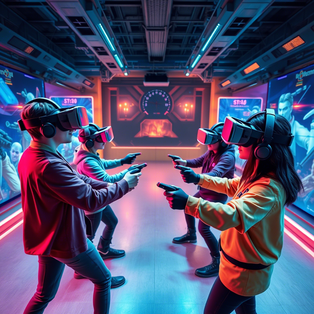 Команда игроков участвует в многопользовательской VR-игре в современной арене виртуальной реальности  Изображение массовой VR-баталии Массовая командная VR-баталия с участием нескольких команд в виртуальной арене Москвы  Изображение VR-квеста Группа игрок