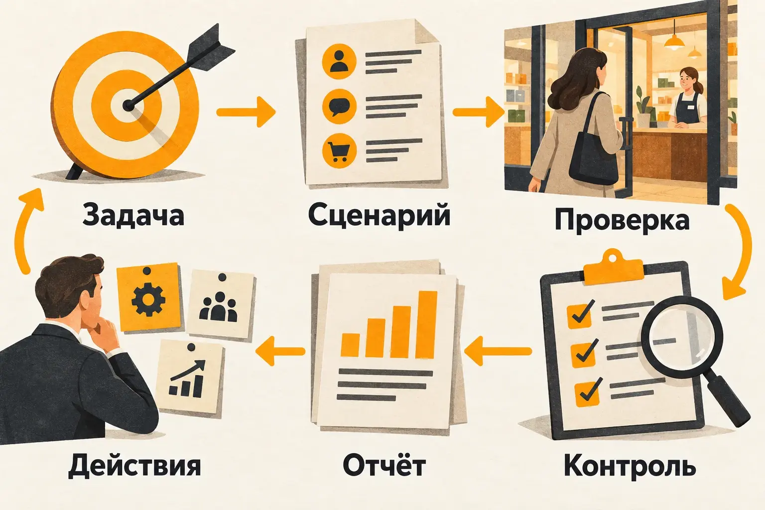 Цикл исследования: задача, сценарий, проверка, контроль, отчёт и действия