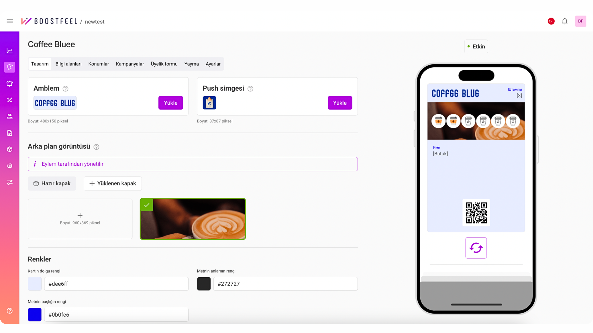 Restoranlar için dijital sadakat kartı tasarım ekranı ve mobil cüzdan (Wallet) kartı oluşturma paneli