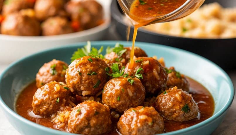 Ёжики из фарша с рисом со сметанной подливкой на сковороде