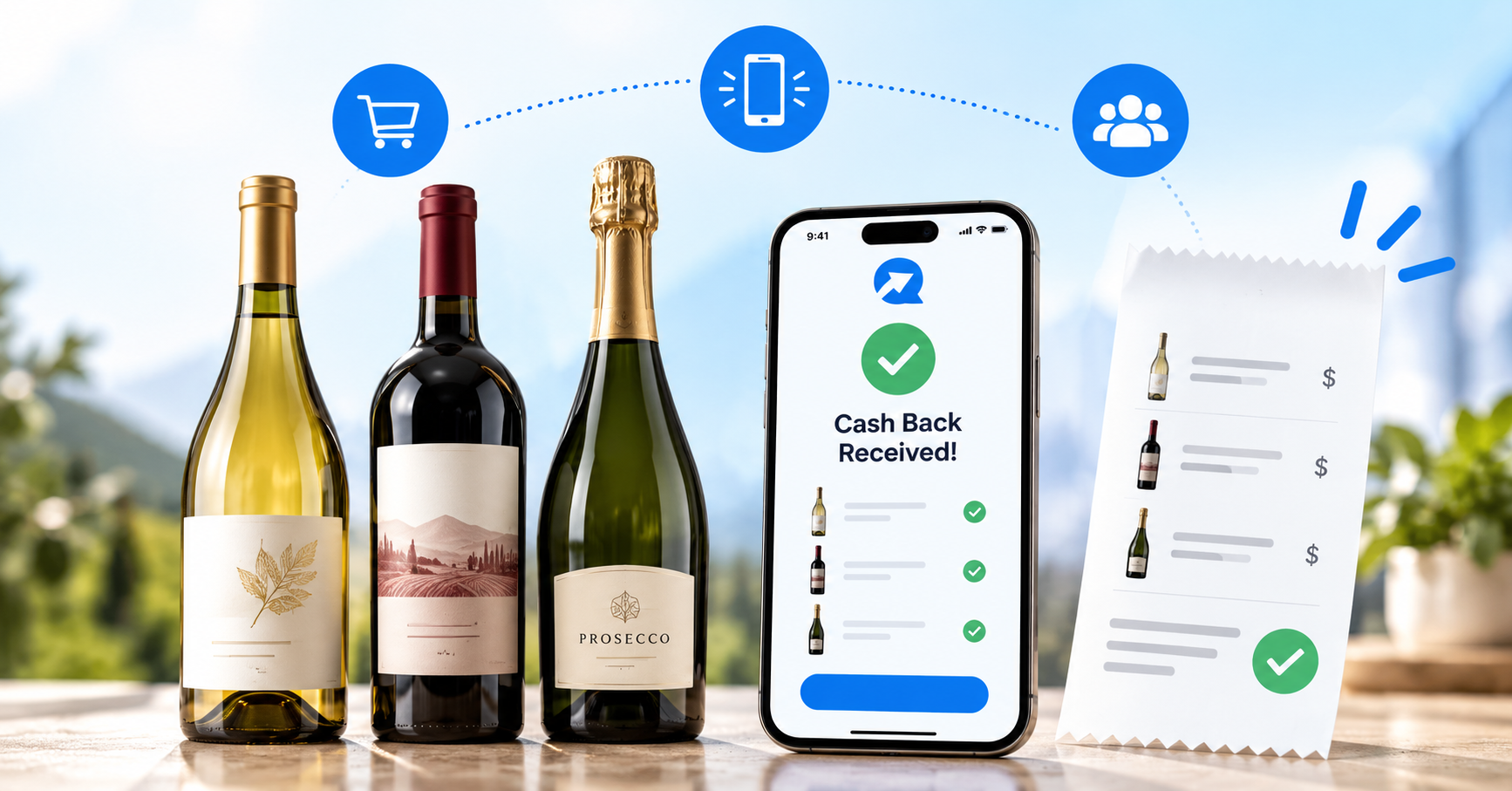 Three wine bottles, value, sweet red and prosecco, each linked to its own checked line on a single receipt.