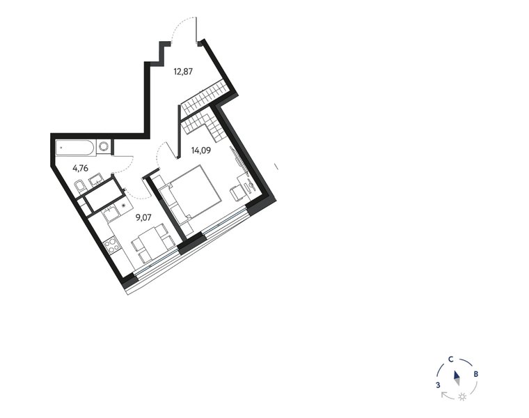 Планировка 1-комнатной квартиры 40,79 м² в ЖК «Кинетик»: 13-й этаж