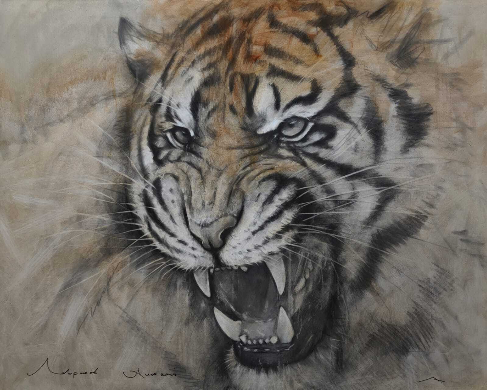 анималистика, картина маслом на холсте, тигр