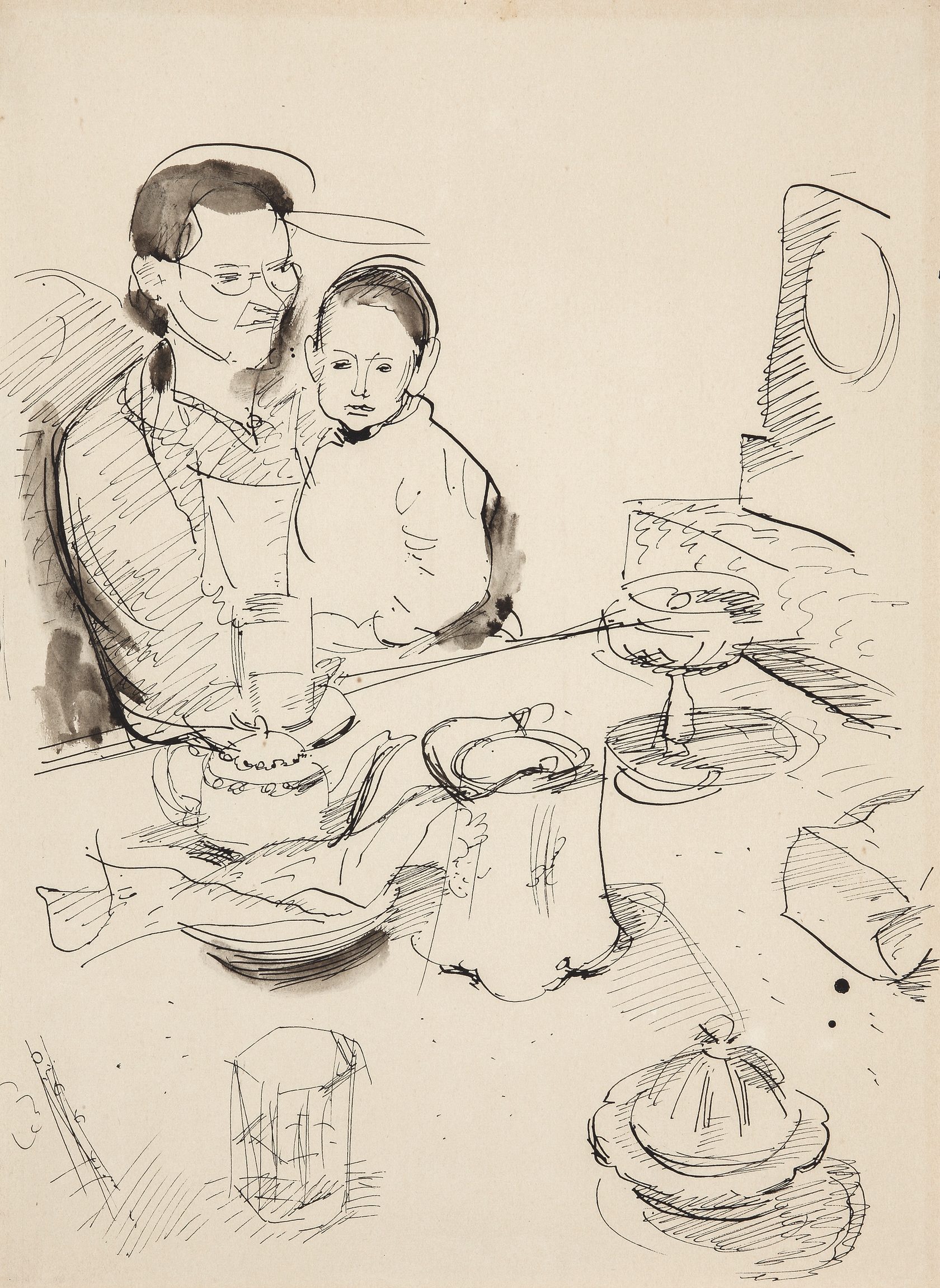 За чайным столом. Няня с ребенком. 1938 