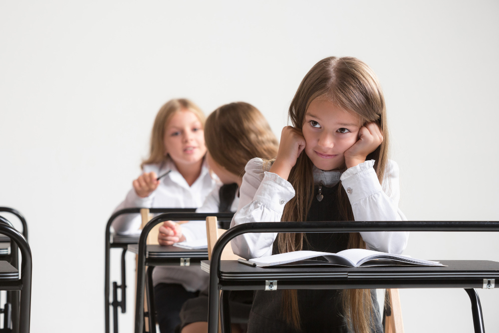A schoolgirl is listening to the teacher.