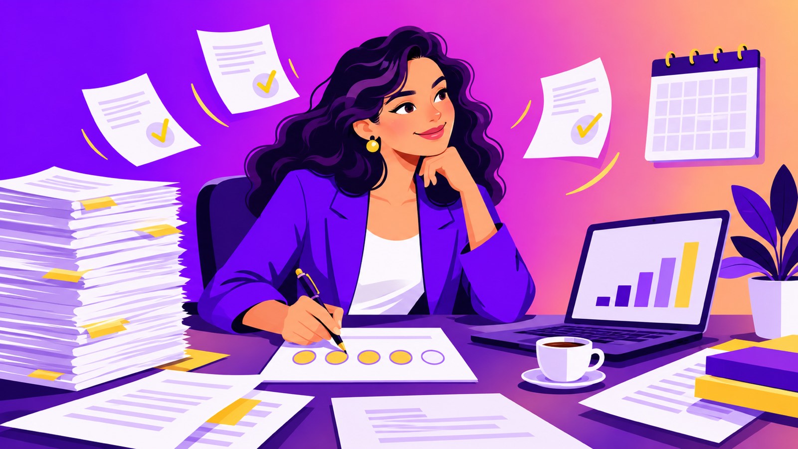 Call for evaluators illustration: a woman expert scoring a stack of EU grant proposals at her desk