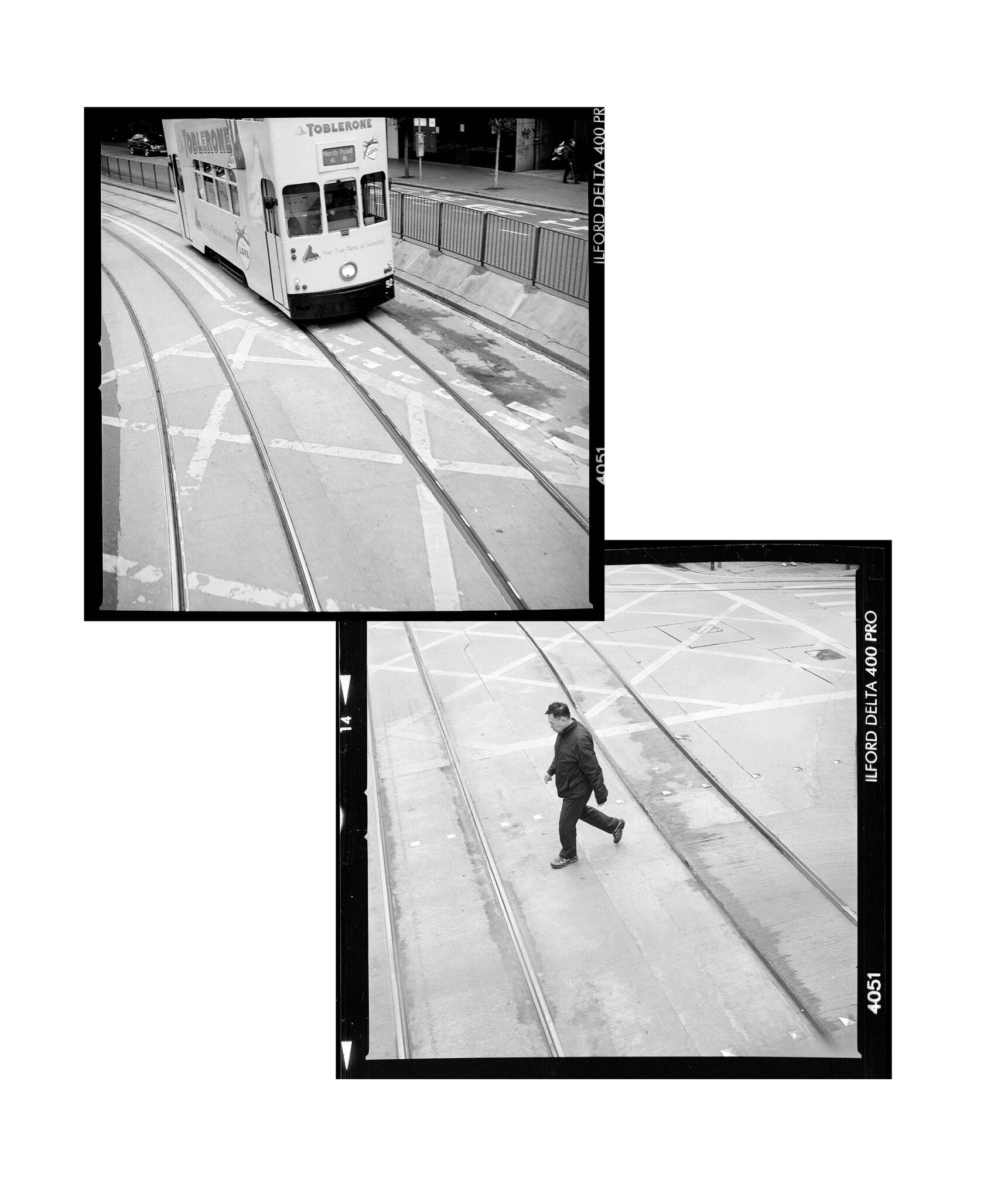 Tram and Man. Hong Kong. 2015. BW Negative 6×6.