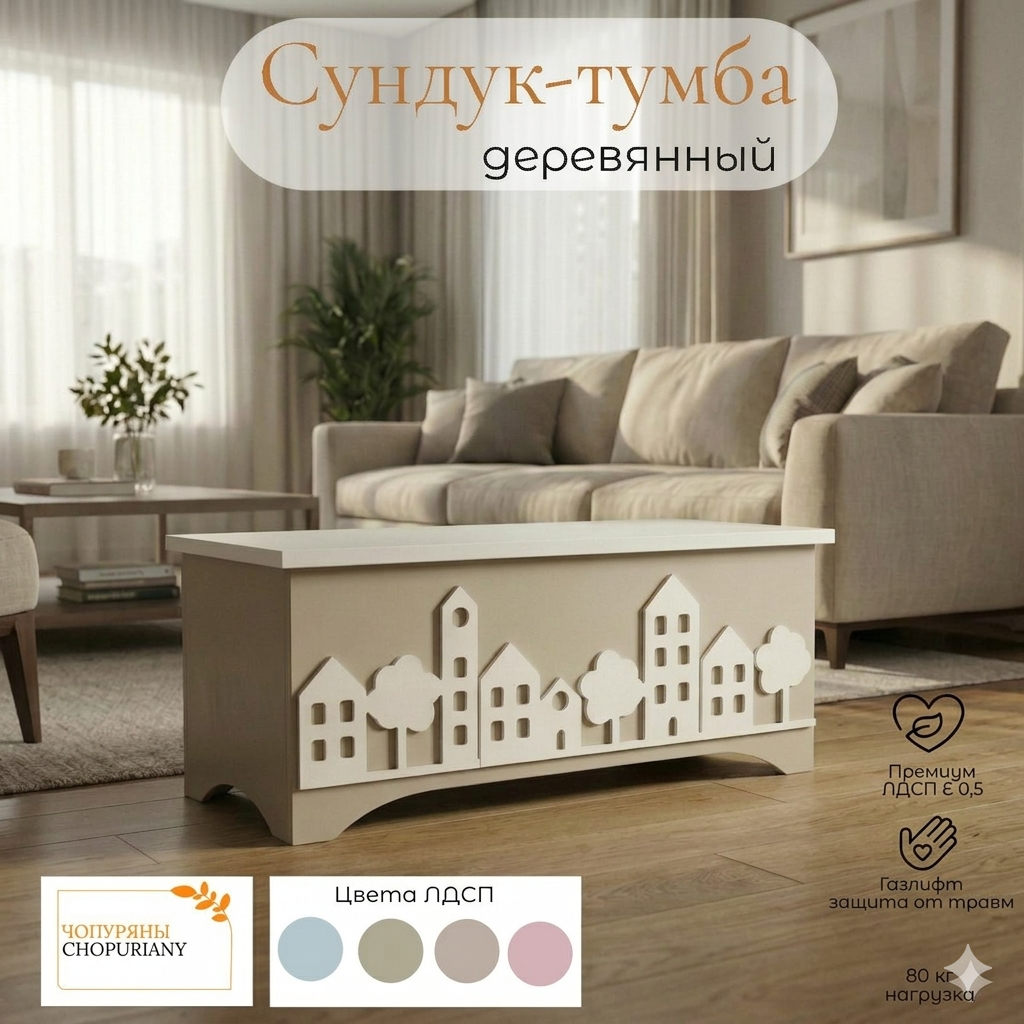 Вместительный напольный сундук-тумба , цвет оливково-серый, в скандинавском стиле для детской комнаты , кухни и гостинной Мебель CHOPURIANY из безопасного премиум ЛДСП Е 0.5 с защитой от защемления пальцев (газлифт) и выдерживаемая нагрузка до 80 кг.