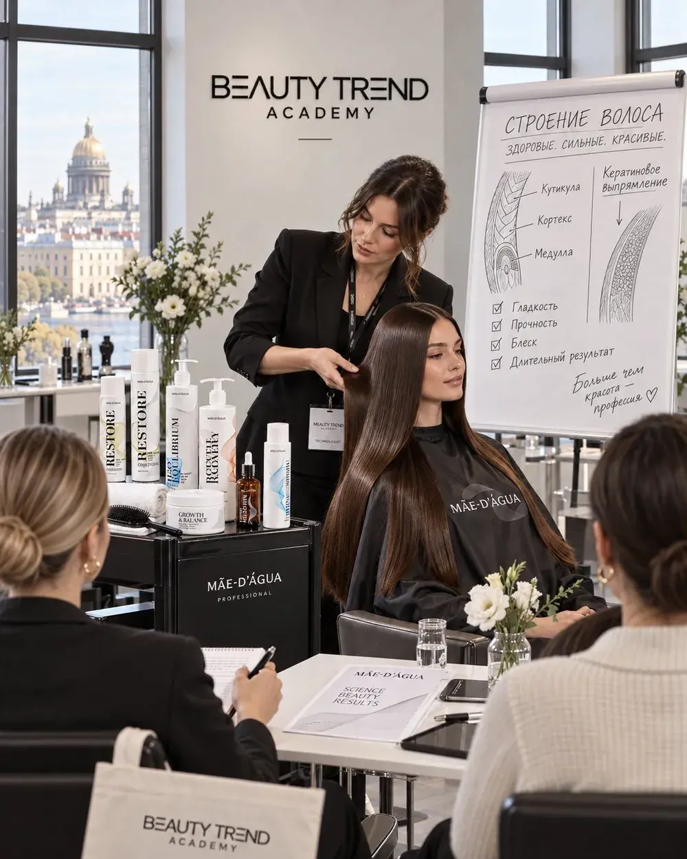 Семинар Beauty Trend Academy в Санкт-Петербурге: технолог показывает кератиновое выпрямление