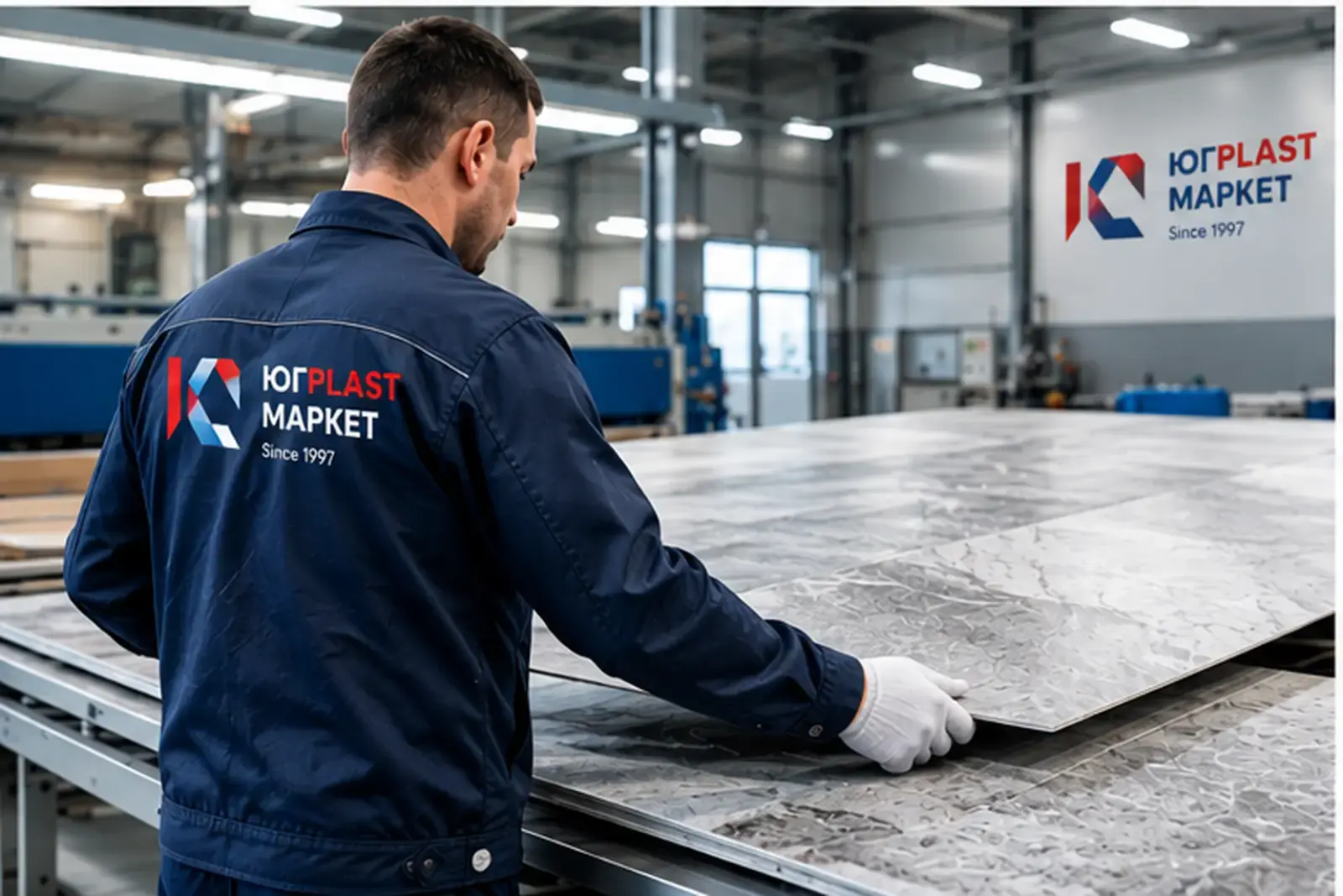 Сотрудник ЮгPLAST МАРКЕТ проверяет лист ПВХ с фактурой мрамора
