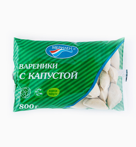Вареники «С капустой» от производителя Мерилен — замороженные полуфабрикаты с начинкой из жареной капусты, классический домашний вкус. Упаковка: 800 гр.