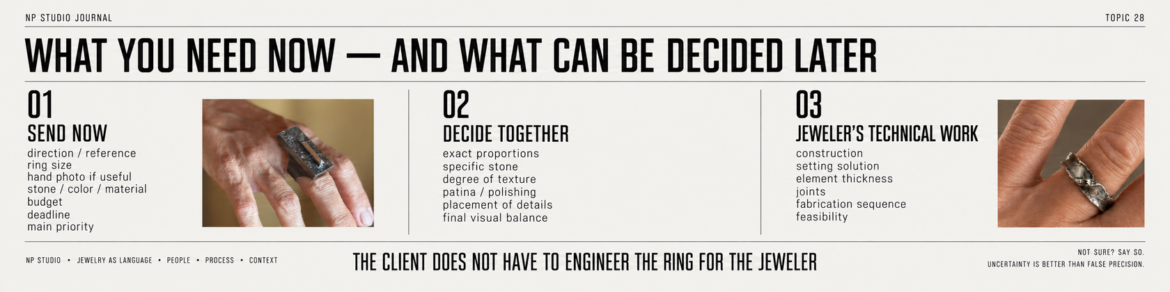 What you need now and what can be decided later: send direction and constraints, decide details together, leave technical work to the jeweler