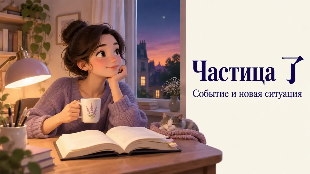 Читательница с открытой книгой у вечернего окна: частица 了 описывает событие и новую ситуацию.
