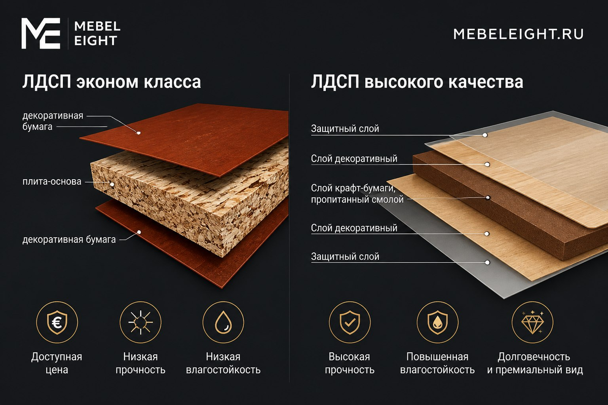 сравнение ЛДСП высокого качества и эконом