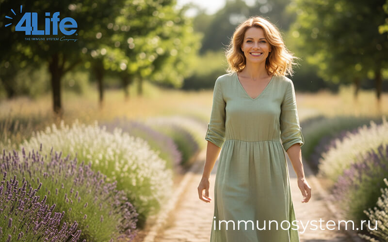 Женщина гуляет на солнце среди зелени — естественный способ поддержать уровень витамина D и иммунитет