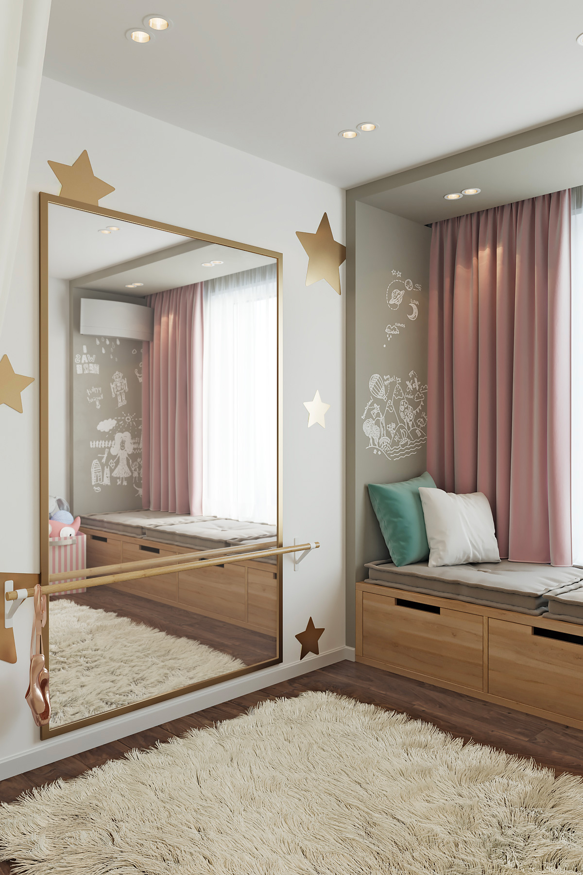 Aménagement chambre enfant cosy avec grand miroir et rideaux roses
