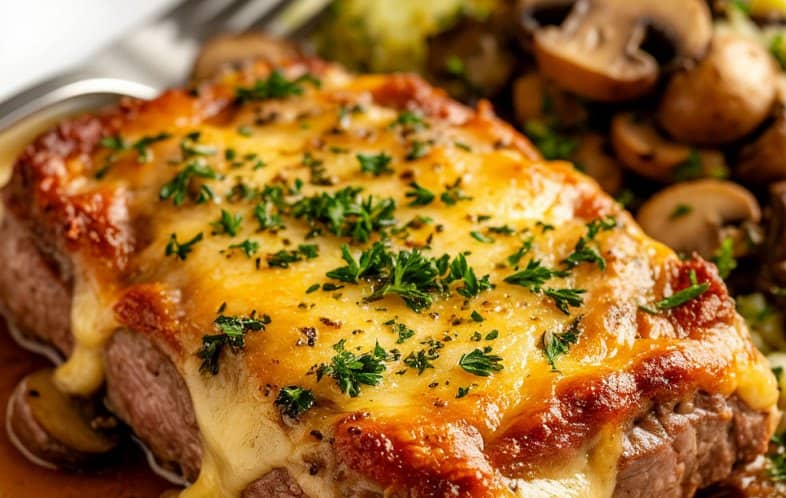Мясо по-французски из свинины с грибами и сыром