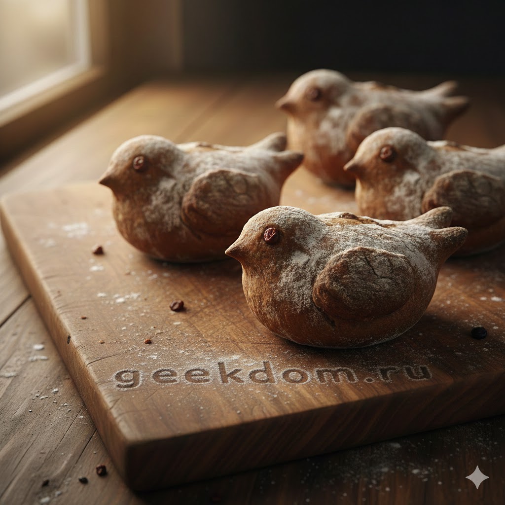 Традиционная обрядовая выпечка «грачи» из ржаного теста на деревянной доске с рассыпанной мукой.