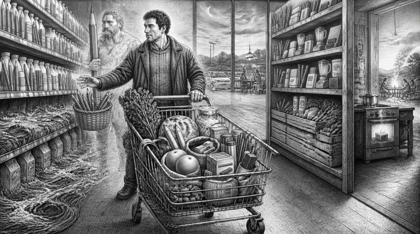 Человек с тележкой в супермаркете, за его спиной — призрачная фигура древнего охотника