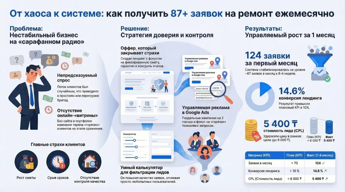 Инфографика: От хаоса к системе: как получить 87+ заявок на ремонт ежемесячно - кейс маркетингового агентства Метриум