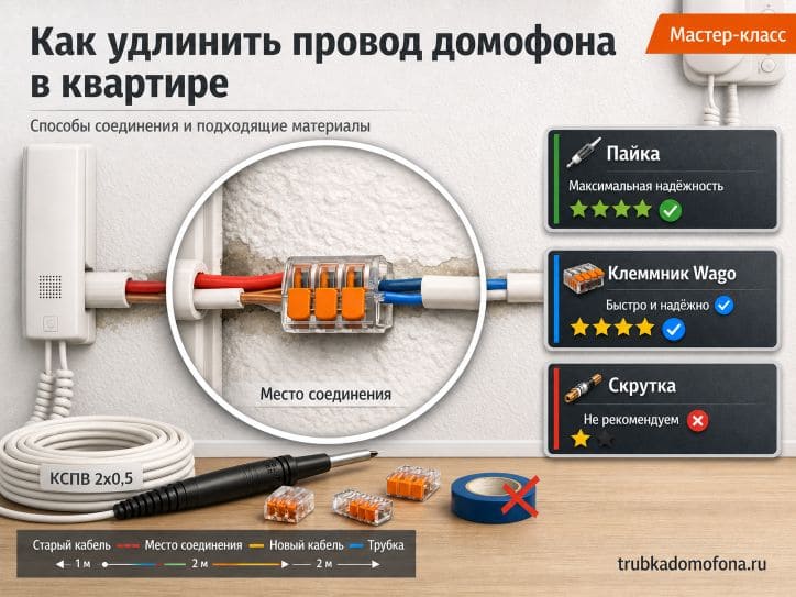 Как удлинить провод домофона в квартире: способы и материалы