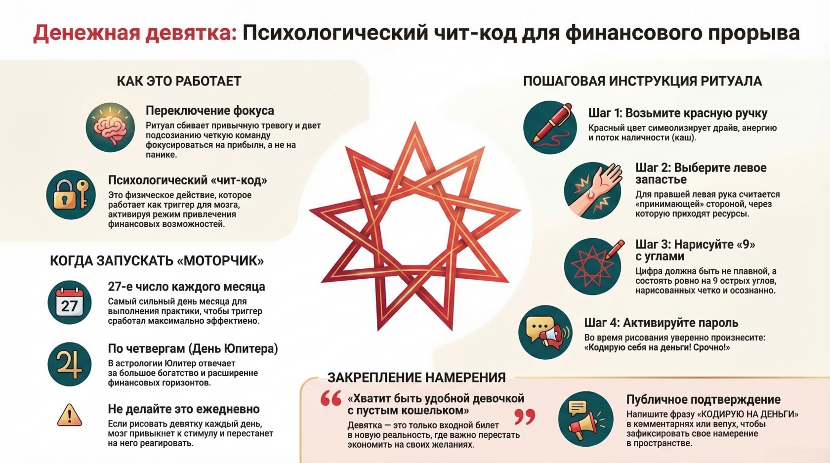 Как правильно рисовать денежную девятку на левом запястье красной ручкой: инструкция