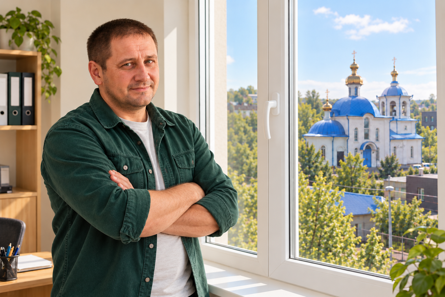 Павел — оконный мастер из Берёзовки, вид на церковь
