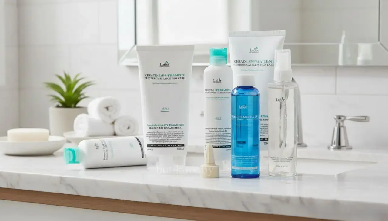 Набор косметики Lador на столике в ванной, шампунь Keratin LPP и синий филлер, логотип Butikmk.by