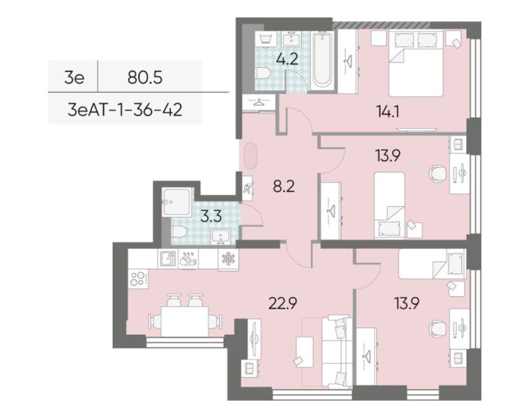 Планировка 3-комнатной евроквартиры 80,5 м² в ЖК «МАРК»: дом 33, 36-й этаж